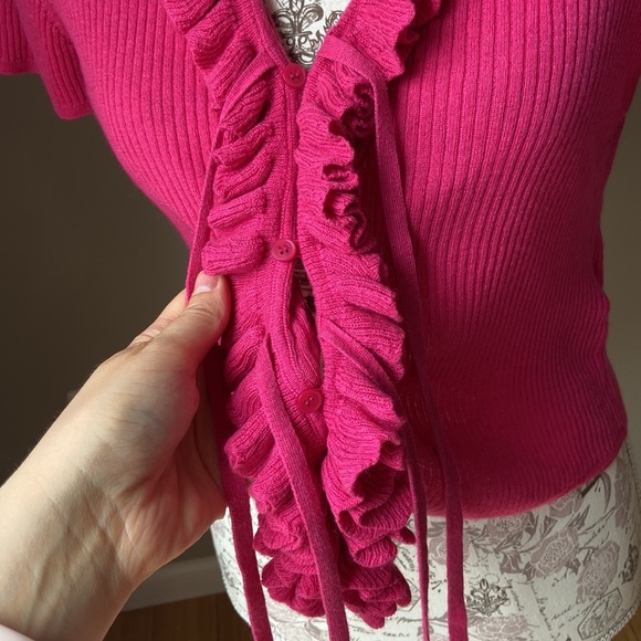 J Crew Silk/Cashmere Blend Ruffle Crop Button Front Short Sleeve Cardigan - Picture 4 of 10